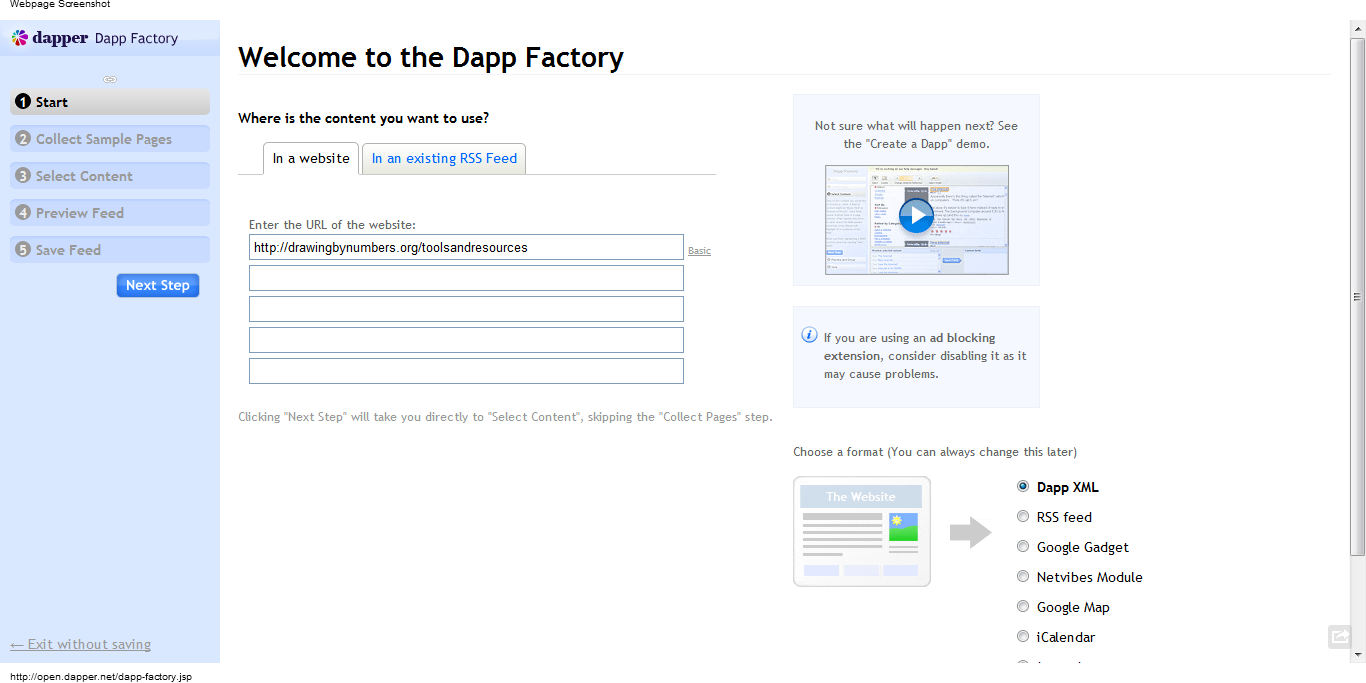Enter the URL of a webpage whose content you want to extract Dapper - Step by Step Part 1