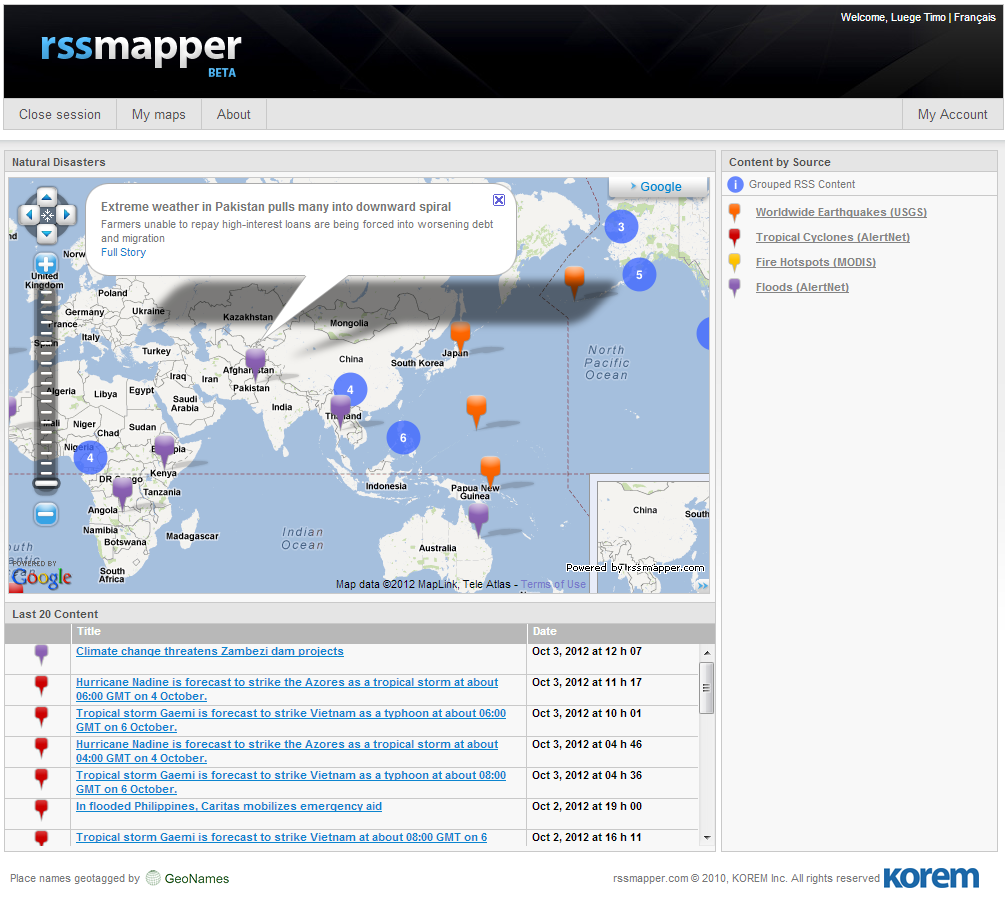 Example of a map that combines four RSS feeds showing natural disasters. Example of a map that combines four RSS feeds showing natural disasters.