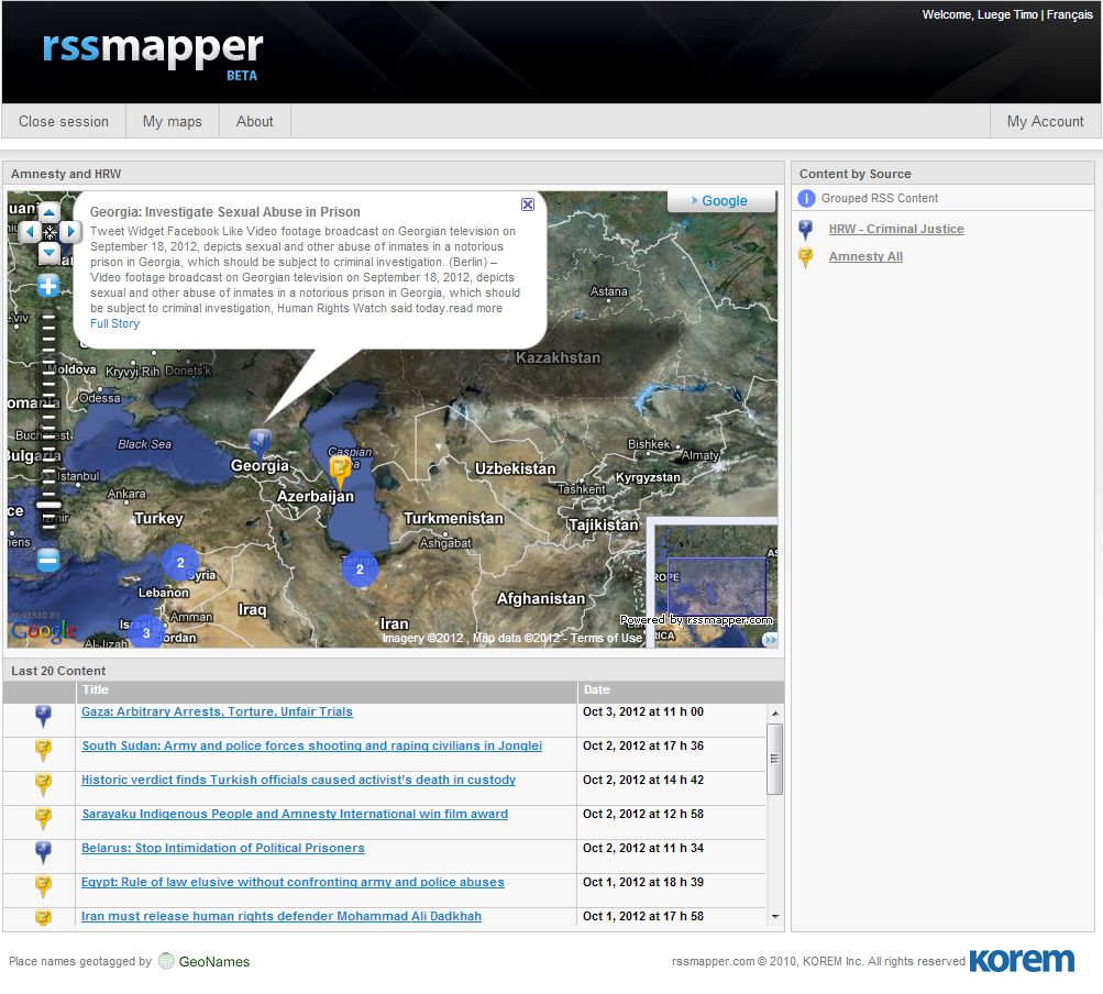 Rssmapper puts information from RSS feeds on a Google Map that you can embed in your own website or blog.