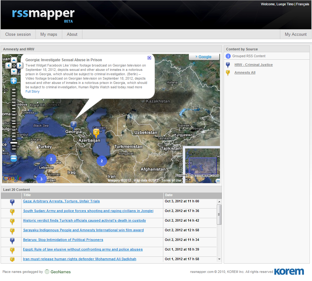 Rssmapper puts information from RSS feeds on a Google Map that you can embed in your own website or blog. Rssmapper puts information from RSS feeds on a Google Map that you can embed in your own website or blog.