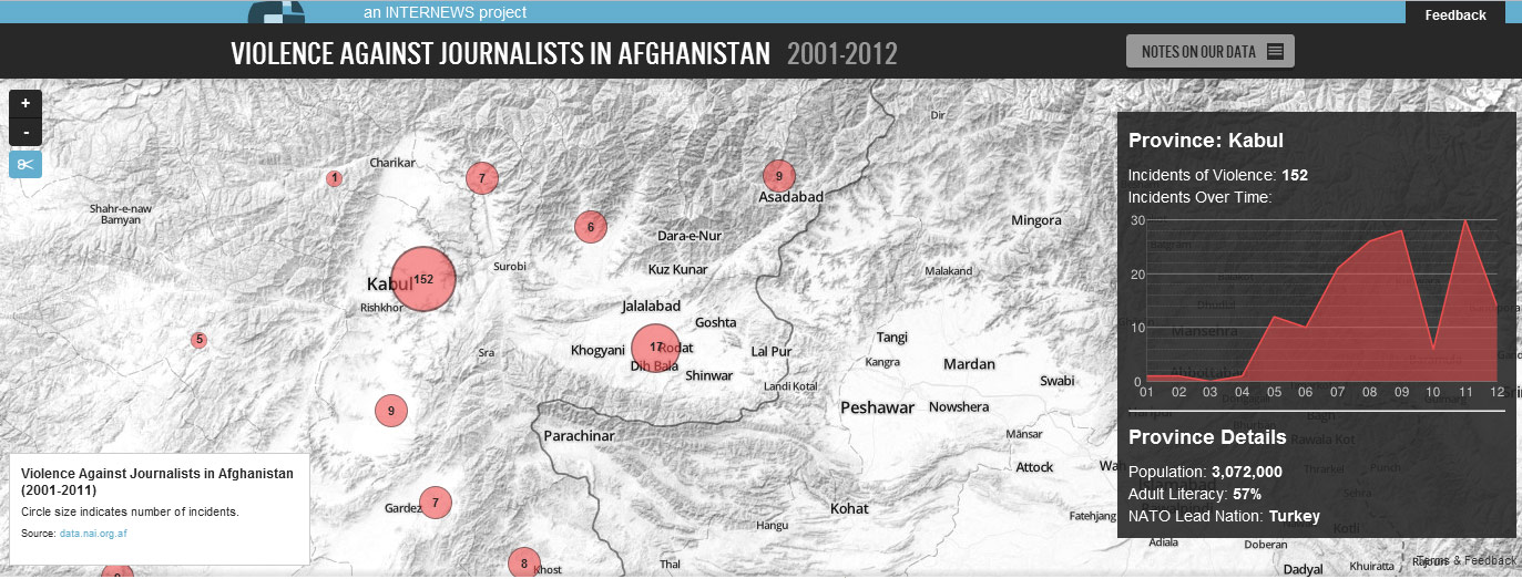 Internews produceed this map showing violence against journalists in Afghanistan